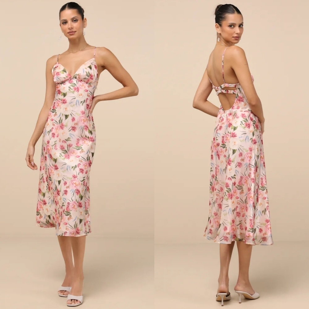 Lulus Alaia Blush Multi Floral Satin Backless Midi Dress XL Wedding Party Spring